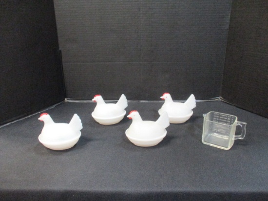 Four Milk glass Hens on Nests Dishes and Measuring Cup