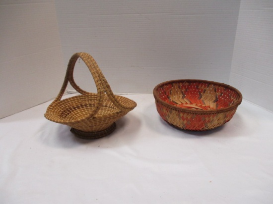 Vintage Sea Grass Basket and Round Colorful Basket