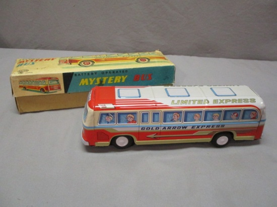 Vintage Mystery Bus Gold Arrow Express Tin Bus w/Original Box Battery Operated Made In Japan