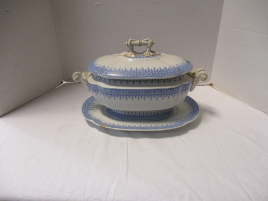 Royal Worcester Blue and White Boston Tureen with Ram Head Handles and Underplate