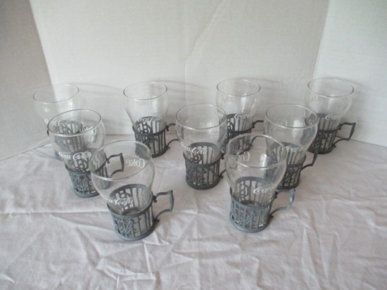 Nine Coca-Cola Bell Shape Glasses with Pewter Holders