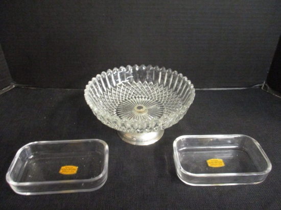 Two Lead Crystal Dishes and Cut Crystal Compote on Silverplate Base