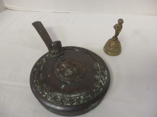 L. E. Mason Co. Brass Crumb Catcher with "M or W" Monogram and Small Bell