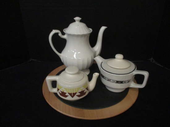 Medallion Teapot, Handmade Small Teapot, Meakin Coffeepot on Wood Tray with Slate Insert