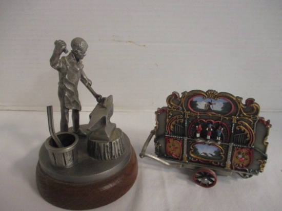 Etin Zinn Pewter Blacksmith Statue and Model Music Box Wagon Marked De Turk Amsterdam 1920