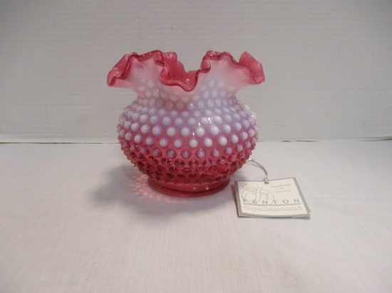 Fenton Cranberry Opalescent Hobnail Ruffle Vase with Tag