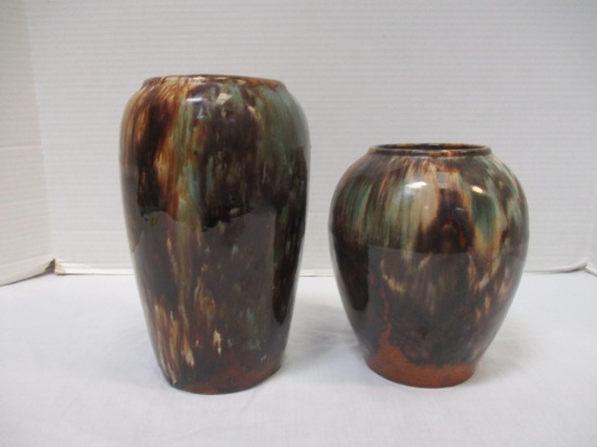 Two Vintage Brown Brush Glaze Vases