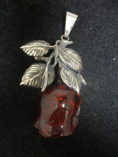 Sterling Silver Carved Amber Rose Pendant