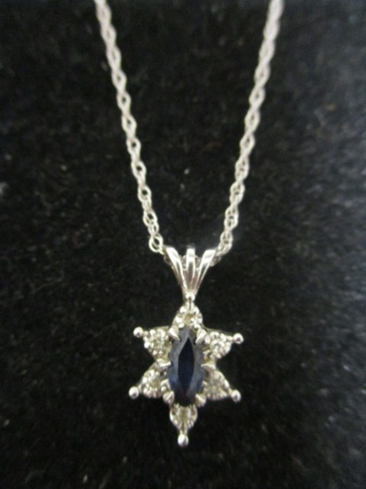 14k White Gold Sapphire and Diamond Pendant on 18" Chain