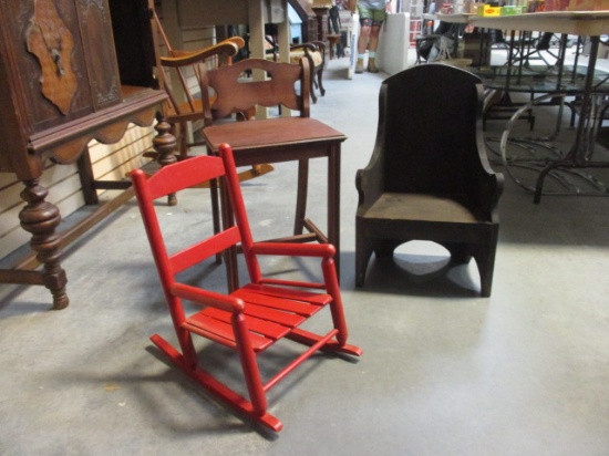 2 Wooden Children's Chairs and 1 Red Rocker