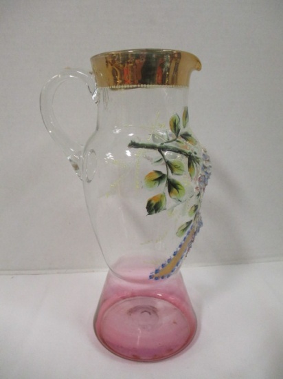 Hand Painted Blown Glass Pitcher w/ Applied Flowers