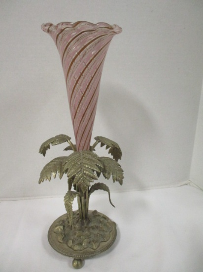 Glass Cornet Vase Centerpiece with Brass Fern Base