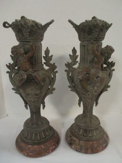 Pair of Antique French Mantel Vases on Marble Bases