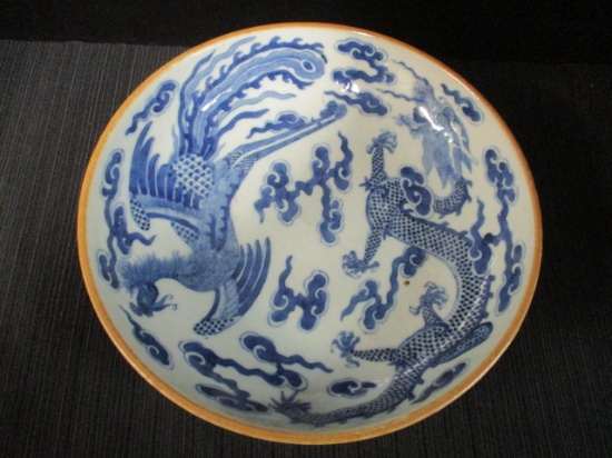 Signed Blue/White Porcelain Dragon Motif Bowl
