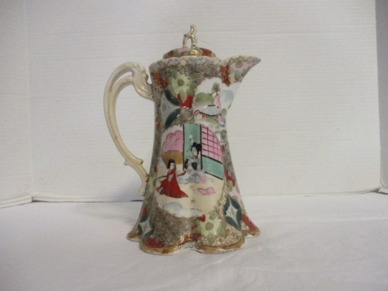 Signed Hand Painted Panel Japanese Chocolate/Coffee Pot with Gold Accents