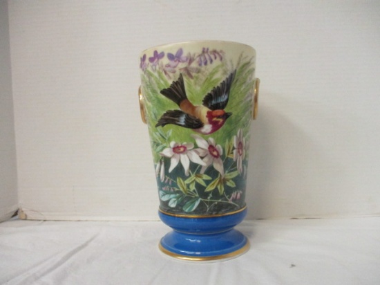Large Hand Painted Footed Vase with Song Bird Scene
