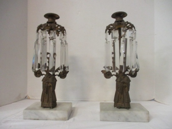 Pair of Antique Brass Figural Candleholders with Crystal Prisms and Marble Base
