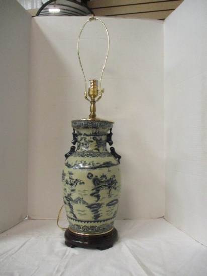 Oriental Accent Chinoiserie Scene Vase Lamp with Wood Base