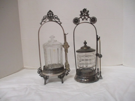 Two Vintage Silverplated Pickle Casters