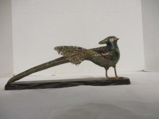 Brass Stained Glass Style Pheasant with Wood Stand