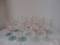 Pink Depression Glass Goblets with Green Bases - 6 with Etched Design