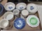 Pfaltzgraff Cape Cod Dishes and Candle Holders, Green Glass Dish and Blue and White Saucers