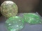 Two Depression Uranium Glass Cake Plates and a Serving Plate