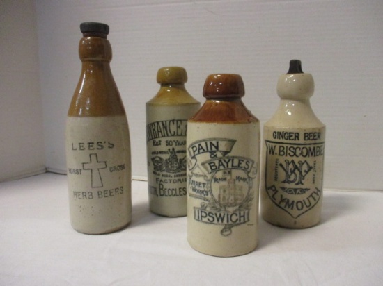 Four Vintage Pottery Bottles - Lawrence & Son's, W. Biscombe, Pain & Bayles and Lee's
