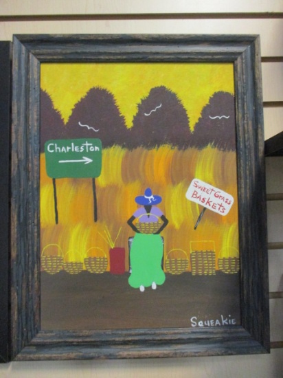 Framed Painting on Board by Squeakie " Charleston and Sweet Grass Basket Seller"