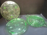 Two Depression Uranium Glass Cake Plates and a Serving Plate