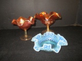 Two Iridescent Carnival Glass Compotes and Hobnail Ruffle Dish
