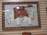 Framed Hand Painted Asian Elephant on Fabric