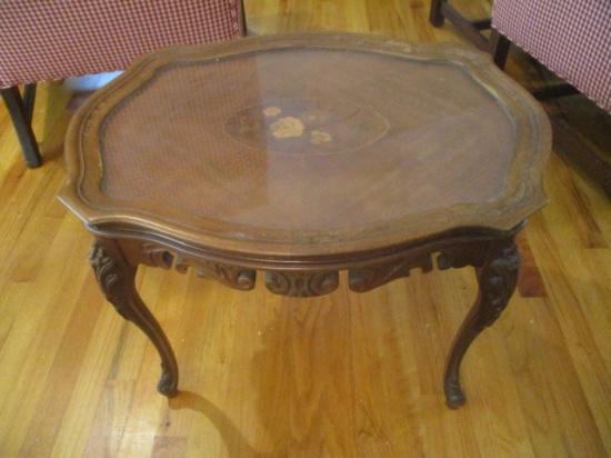 Ornately Carved Turtle Shape Glass Tray Top Table with Inlaid Floral Design