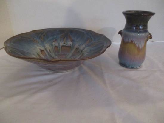 Signed Drip Glaze Studio Pottery Centerpiece Bowl and Urn Vase