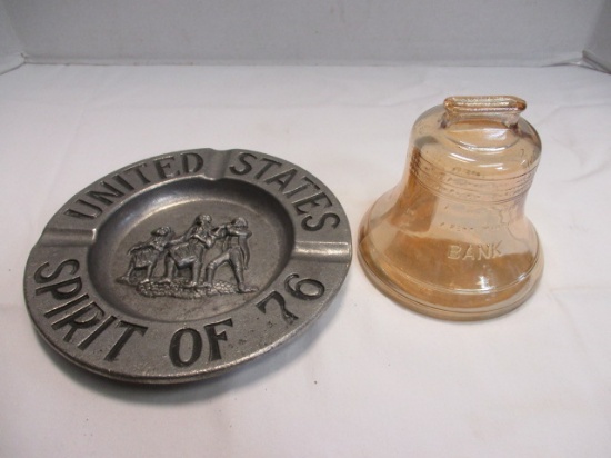 Iridescent Liberty Bell Coin Bank and Sexton Pewter "United States Spirit of '76" Ashtray