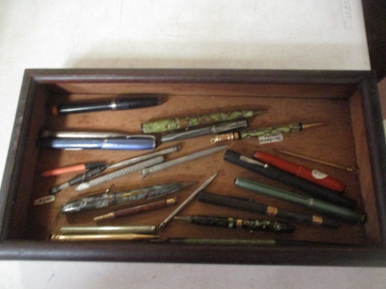 Collection of Vintage Fountain Pens and Pencils in Wood Box