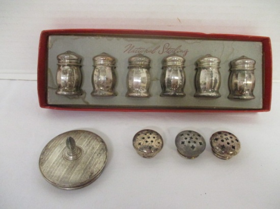 Set of National Sterling Shakers in Original Box, Three Sterling Shaker Lids and