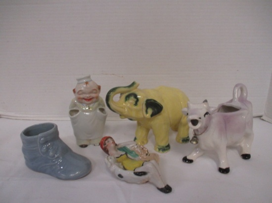 Vintage Figurines Made in Japan-Cow Creamer, Elephant, Bathing Beauty Ring Dish,