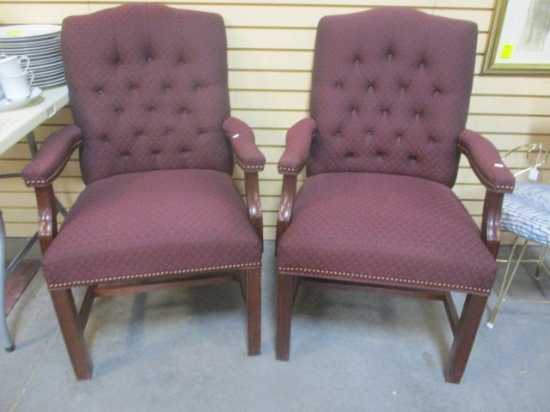 Pair of Miller Desk Company Tufted Back, Upholstered and Wood Arm Chairs