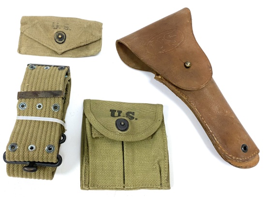 WWII 1942 Dated Military Lot - 1911 Holster, First Aid Pouch, M1 Carbine Mag Pouch, and Web Belt