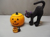 3 Halloween Items Black Cat-Ceramic Pumpkin- Small Pumpkin Tea Lite Holder