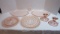 Pink Depression Glass Candlesticks, Miss America Plate, Buttons & Bows Plate and