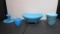 Vintage Light Blue Glass Footed Oval Dish, Lidded Condiment Jar, Candlestick and