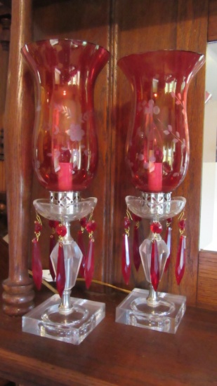 Pair of Cranberry Cut to Clear Electrified Mantle Lusters with Prisms