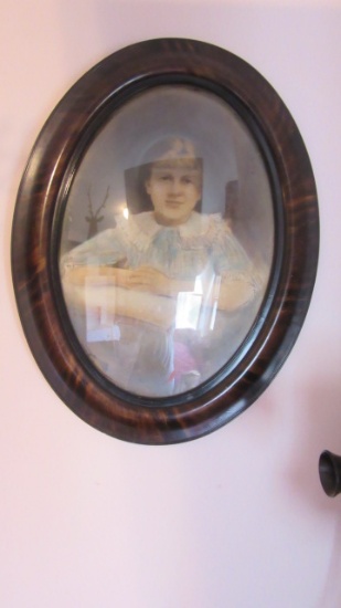 Antique Hand Colored Portrait of Little Girl in Bubble Glass Frame
