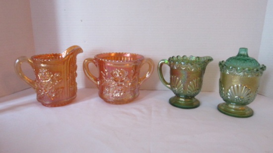 Marigold Milk Pitcher and Spooner Set and Green Carnival Glass Creamer and Sugar Bowl