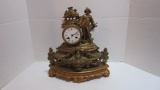Antique French Style Gilt Figural Mantle Clock on Painted Gold Wood Stand
