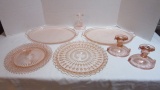 Pink Depression Glass Candlesticks, Miss America Plate, Buttons & Bows Plate and