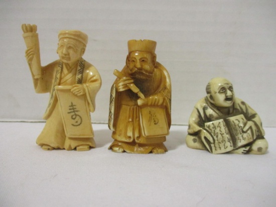 Three Carved Antique Pre Ban Ivory Netsuke Scholars