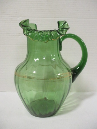 Vintage Green Art Glass Ruffle Pitcher with Gold Accent